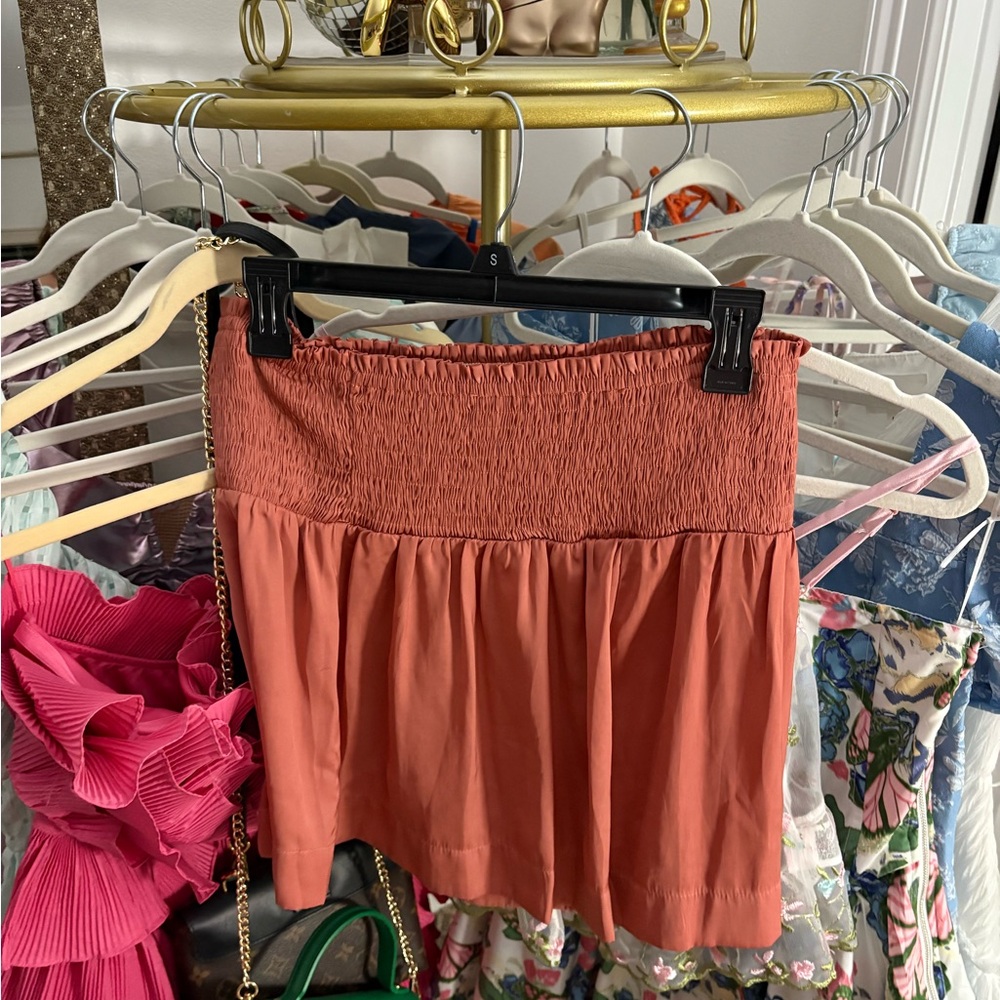 Krush Brown and Orange High Waist Smocked Skater Shorts